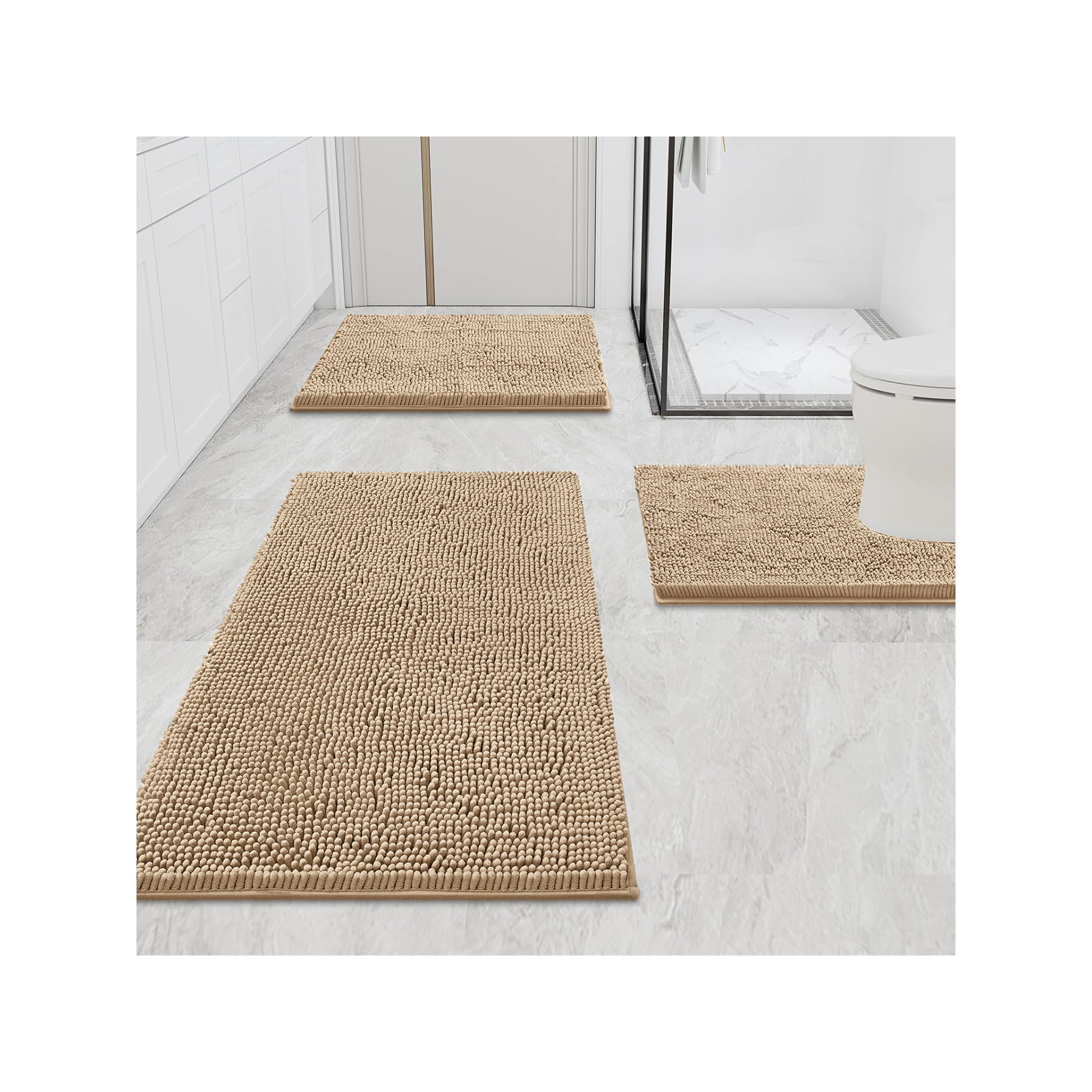 Home Mart Goods 3 Piece Set Beige Soft Cozy Plush Chenille Bath Mat Highly Absorbent Bathroom Rug