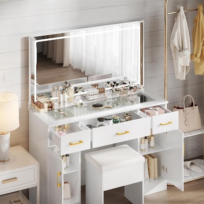 WAYES 43.3" Clear Glass Top Makeup Vanity Desk Set with LED Mirror, Charging Station, and Storage Stool - Modern White