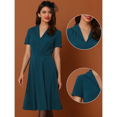 Женские платья INSPIRE CHIC Women's Vintage Flat Collar V Neck Short Sleeve Belted 1950s Flare Dress Small Peacock Blue — фото 2