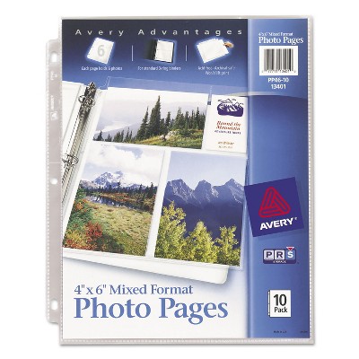 Avery Photo Storage Pages for Six 4 x 6 Mixed Format Photos 3-Hole Punched 10/Pack 13401