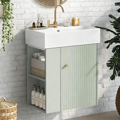 21.6" Modern Floating Bathroom Vanity with Ceramic Sink, Wall Mounted Small Bathroom Cabinet with Left Side Storage, Space-Saving Vanity for Bathrooms
