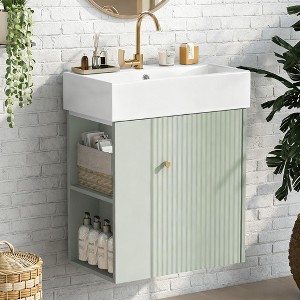 21.6" Modern Floating Bathroom Vanity with Ceramic Sink, Wall Mounted Small Bathroom Cabinet with Left Side Storage, Space-Saving Vanity for Bathrooms - 1 of 4