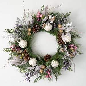28"H Sullivans Mixed Ball Pine Wreath, Multicolored Winter Wreaths For Front Door - 1 of 4