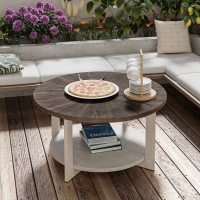 JIONJOY Farmhouse Round Coffee Table with Storage Shelf - Rustic Brown Distressed Wood Top & Fir Wood Legs for Living Room