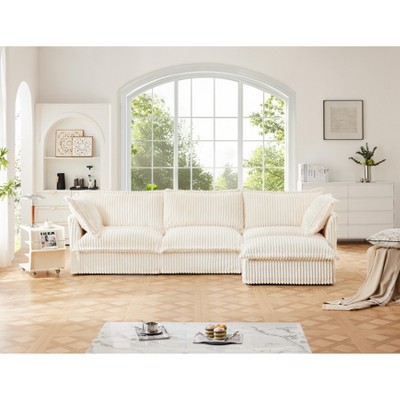 NicBex Couches for Living Room L-Shaped 3 Seat Sectional Comfy Sofa Modern Corduroy Upholstered Slipcovered Sofa Couch with Convertible Ottoman, Cream