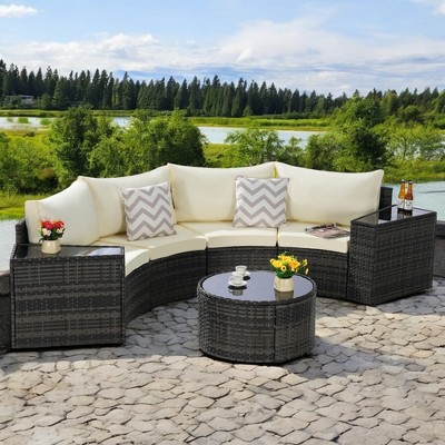 Mshliw 7-Piece Half-Moon Sectional Patio Furniture Set with Round Glass Coffee Table – Weather-Resistant Outdoor Sofa Set with Cushions-Beige