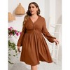 Coolmee Women's Plus Size Dress V Neck Long Sleeve Front Knotted Elastic Elegant Dress A Line Knee Length Midi Dress - 3 of 4