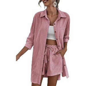 Zeagoo Women’s 2 Piece Lounge Tracksuit Outfit Sets Cotton Linen High Low Shirt and Drawstring Casual Shorts Set - 1 of 4