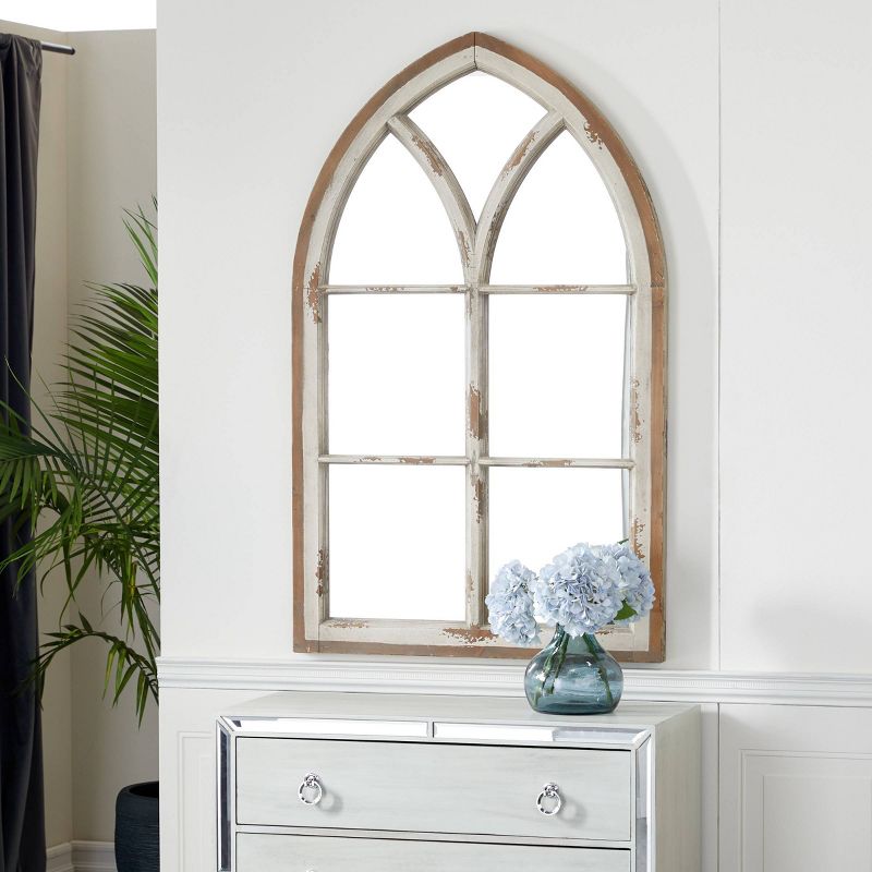 Wood Window Panes Inspired Wall Mirror with Arched Top and Distressing White/Brown - Olivia &#38; May, 2 of 7