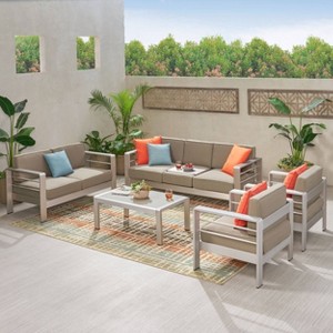 Cape Coral 5pc Aluminum Patio Sofa Set  Silver/Khaki - Christopher Knight Home - 1 of 4