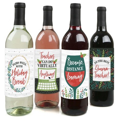 Big Dot of Happiness Distance Learning Teacher Appreciation - Holiday & Christmas Gifts Decor - Wine Bottle Label Stickers - Set of 4