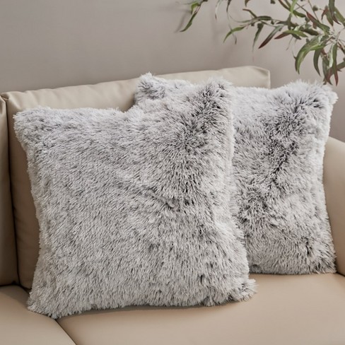 Cheer Collection Super Soft Shaggy Long Hair Throw Pillows Set of 2 - Gray  Ombre (18 x 18)