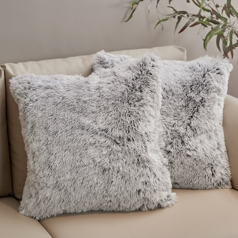 Cheer Collection Super Soft Shaggy Long Hair Throw Pillows Set of 2 - Gray  Ombre (20 x 20)