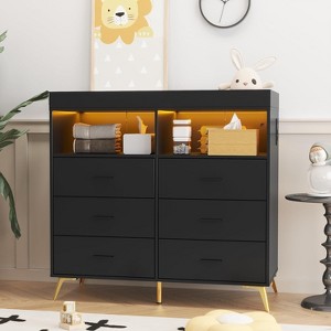 Changing Table Dresser with 6 Drawers, Baby Dresser with Changing Table Top, Power Outlet and LED Light - 1 of 4