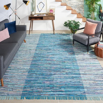 Handwoven Light Blue and Grey Cotton Rectangular Area Rug