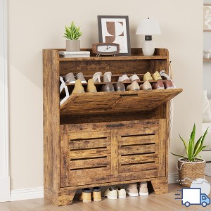 Jojoka Slim Entryway Shoe Cabinet – 2 Flip-Drawer Organizer with Adjustable Shelves & Hooks, Farmhouse Style - 1 of 4
