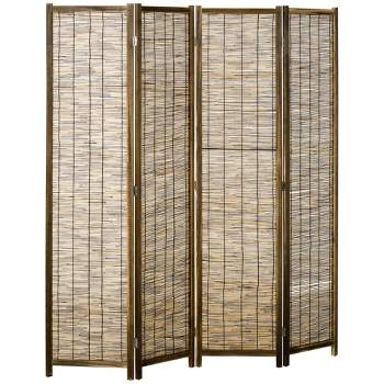 HOMCOM 5.5' Tall Room Divider with Wood & Hand Woven Reed, 4 Panel Folding Privacy Screens, Portable Partition Wall Divider
