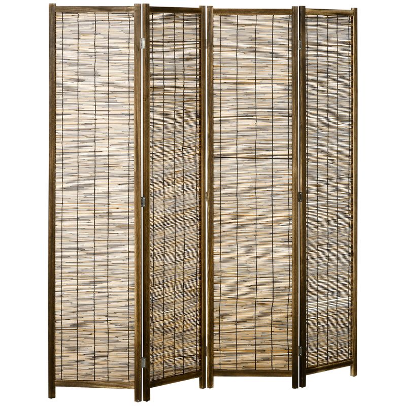HOMCOM 5.5' Tall Room Divider with Wood & Hand Woven Reed, 4 Panel Folding Privacy Screens, Portable Partition Wall Divider, 1 of 7