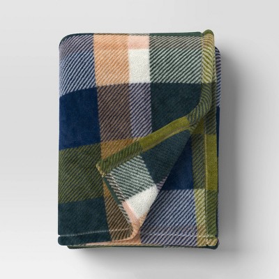 Printed Plaid Plush Throw Blanket Green Multi - Room Essentials™: Lightweight Knitted Fleece, 50x60, Machine Washable