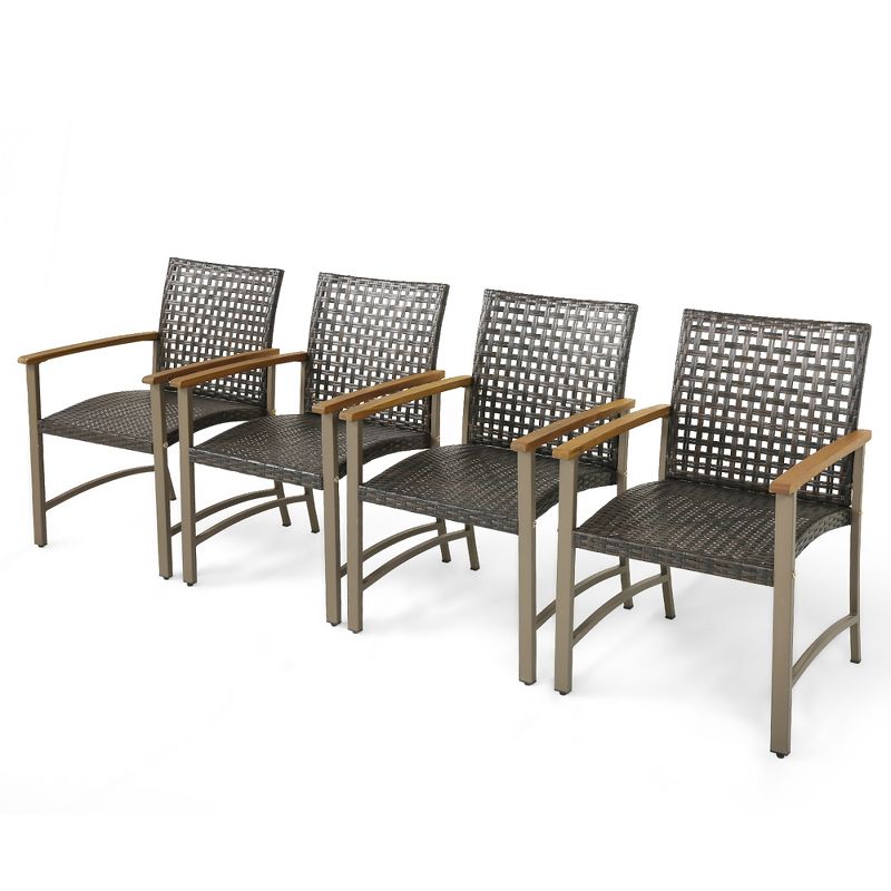 Tangkula Outdoor Rattan Chair Set of 4 Patio PE Wicker Dining Chairs w/ Acacia Wood Armrests Balcony Poolside, 1 of 11