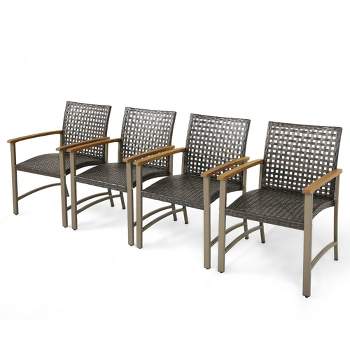 Tangkula Outdoor Rattan Chair Set of 4 Patio PE Wicker Dining Chairs w/ Acacia Wood Armrests Balcony Poolside