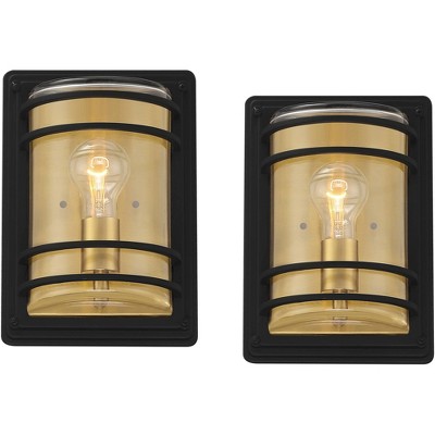 John Timberland Habitat Modern Wall Light Sconces Set of 2 Black Brass Hardwire 7 1/2" Fixture Clear Glass for Living Room Hallway