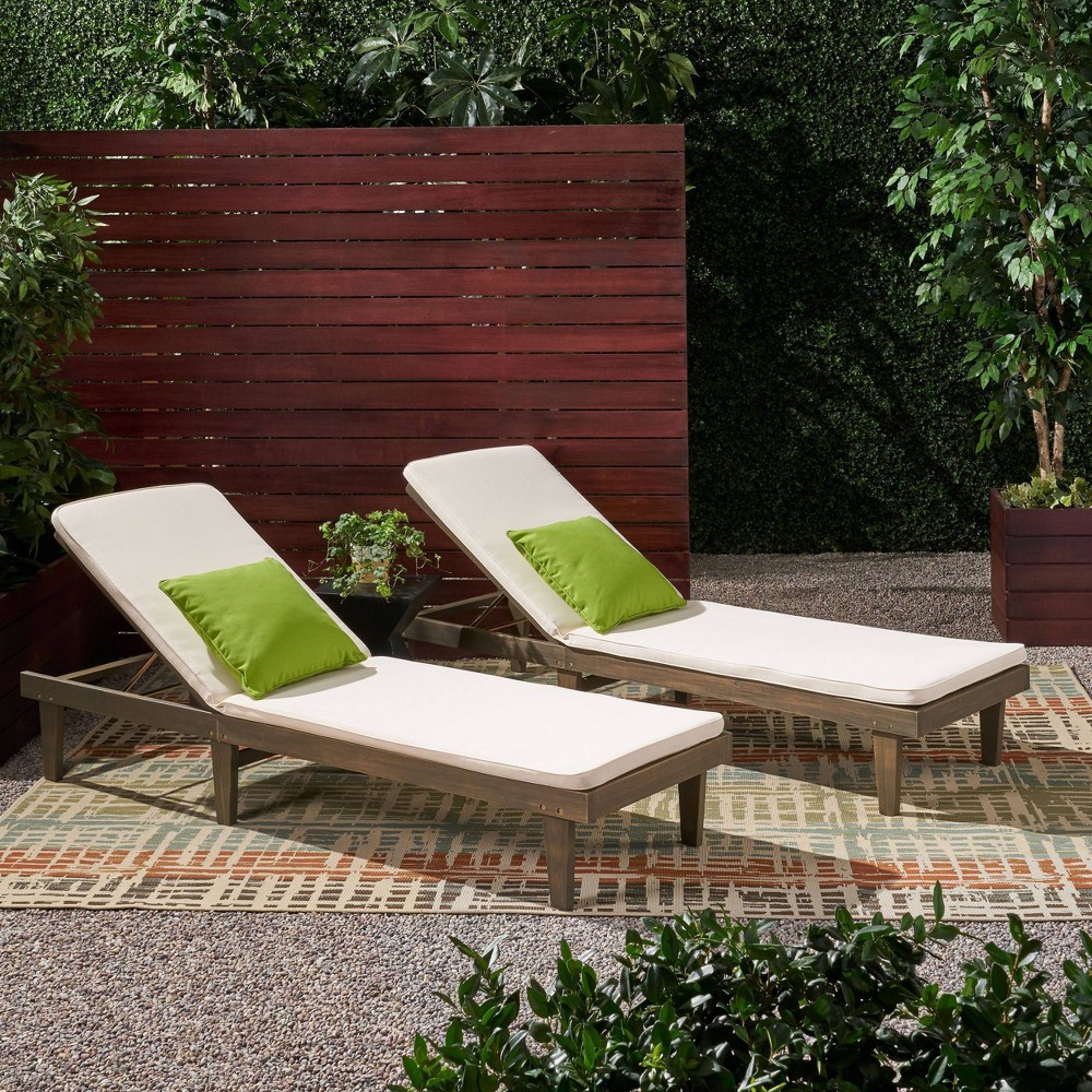 Nadine 2pk Gray Acacia Wood Chaise Lounge Gray/Cream - Christopher Knight Home: Weather-Resistant, Adjustable, Polyester Cushion