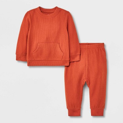 Image of Baby 2pc Cozy Thermal Kangaroo Top & Bottom Set - Cat & Jack™ Orange Newborn