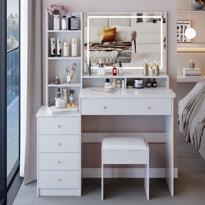NicBex 37" Makeup Vanity Desk with Brightness Adjust LED Mirror,Modern Makeup Table with Cushioned Stool for Bedroom