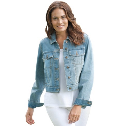 Woman Within Women s Plus Size Stretch Denim Jacket 28 W Light Wash Sanded Target