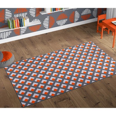 Deerlux Modern Living Room Area Rug with Nonslip Backing, Geometric Gray and Orange Trellis Pattern