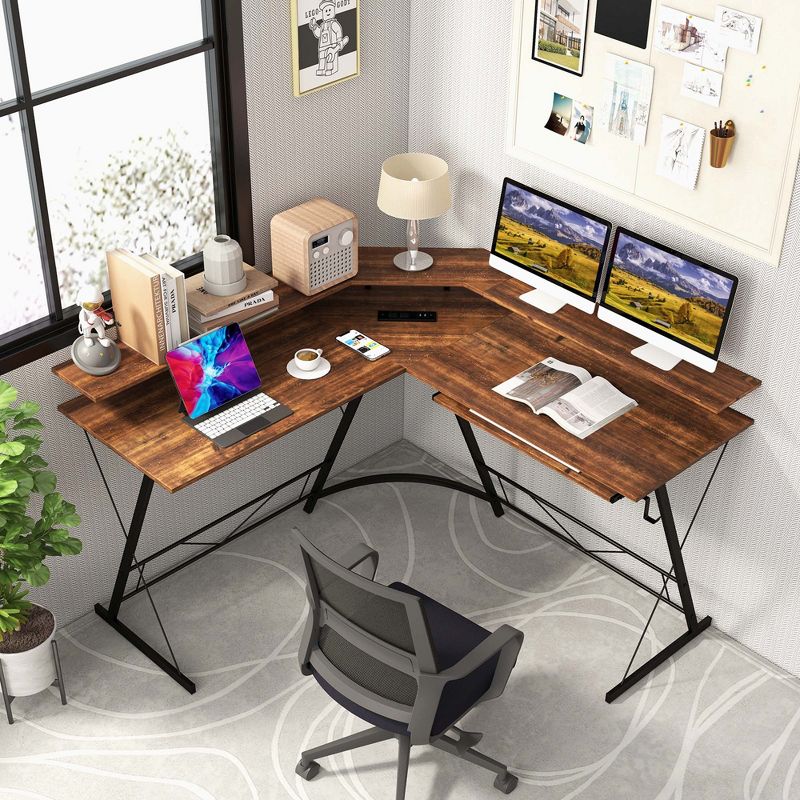 Costway L-shaped Computer Desk with Power Outlet 51" Corner Computer Workstation Rustic Brown/Black, 4 of 11
