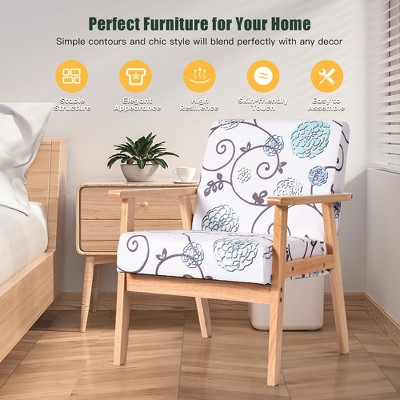 White and Blue Floral Fabric Lounge Chair with Teak Frame