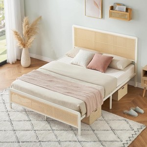 Boho Rattan Bed Frame with Headboard & Footboard - Sturdy Steel Slats, No Box Spring Needed, Noise Free Metal Platform - 1 of 4
