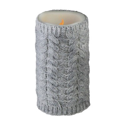 Allstate Floral 6" Gray Faux Sweater Wrapped Flameless Pillar Candle - Battery Operated