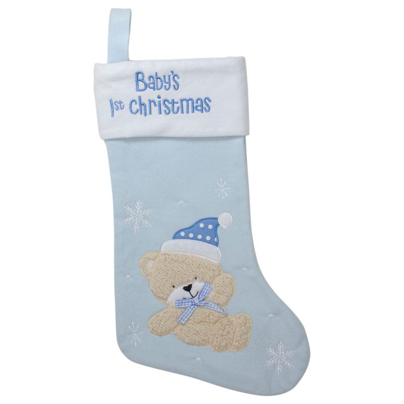 Northlight Baby's 1st Christmas Embroidered Teddy Bear Stocking - 19" - Blue and White, 1 of 5