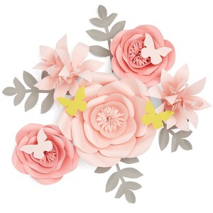 Farmlyn Creek 13 Pieces 3D Paper Flowers Decorations For Wall Decor, Pink Floral Ornamentation with Lilies and Butterflies - 1 of 4