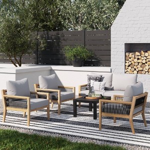 Nathan James 4pc Freya Bohemian Wood Outdoor Patio Conversation Set Light Gray: Acacia Frame, Foam Cushions, Weather-Resistant - 1 of 4