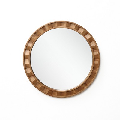 LuxenHome Natural Wood Frame Round Wall Mirror, 28” Rustic Wooden Decor Brown