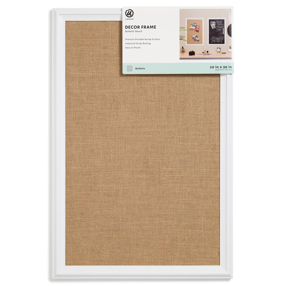 U Brands 20"x 30" Burlap Bulletin Board White Wood Frame: Cork Board for Wall, Presentation Board, Wall Mount