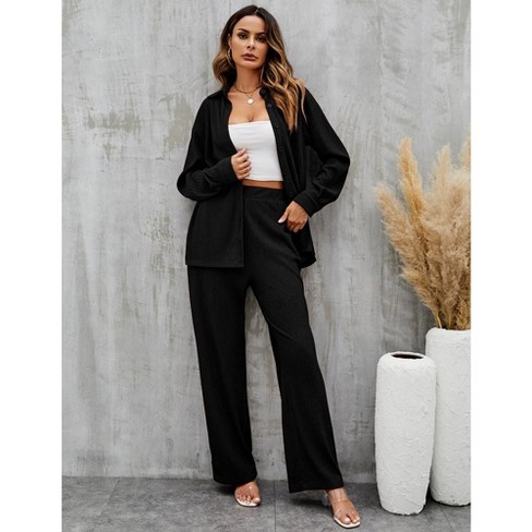 WhizMax Women Two Piece Casual Outfits Y2K Loungewear Pleated Wide Leg Pants Long Sleeve Button Down Shirt Streetwear Set - image 1 of 4