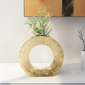 Metal Vase - Hammered Aluminum Decorative Flower Holder, Modern Round Cut-Out Design for Home, Office & Living Room - Elegant Table Vase - 11" Gold - 1 of 4