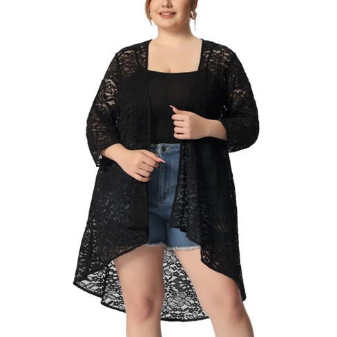 Women 3/4 Bell Sleeve Beach Sheer Lace Kimono Summer Cardigan Lightweight  Solid Color Open Front Cover Up Black S at  Women's Clothing store