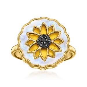 Ross-Simons Yellow Chalcedony, Mother-Of-Pearl and 0.10 ct. t.w. Black Spinel Flower Ring in 18kt Gold Over Sterling - 1 of 4