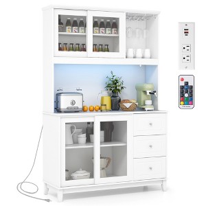 Tangkula Kitchen Pantry Storage Cabinet Kitchen Hutch w/ LED lights & Power Outlet White - 1 of 4