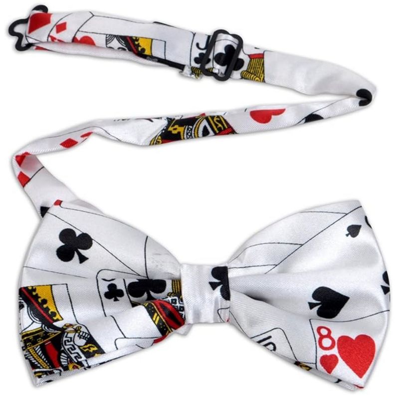 Men's White Color 5 L  x 3 W Inch Poker Playing Cards Print Adjustable Bow Tie, 1 of 3