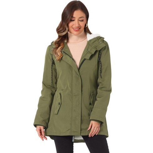 Army green women's coat with fur hood online