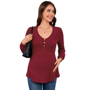 Women's Maternity Shirts Casual Long Sleeve Pregnancy Tops V Neck T-Shirts Blouses With Button - 1 of 4