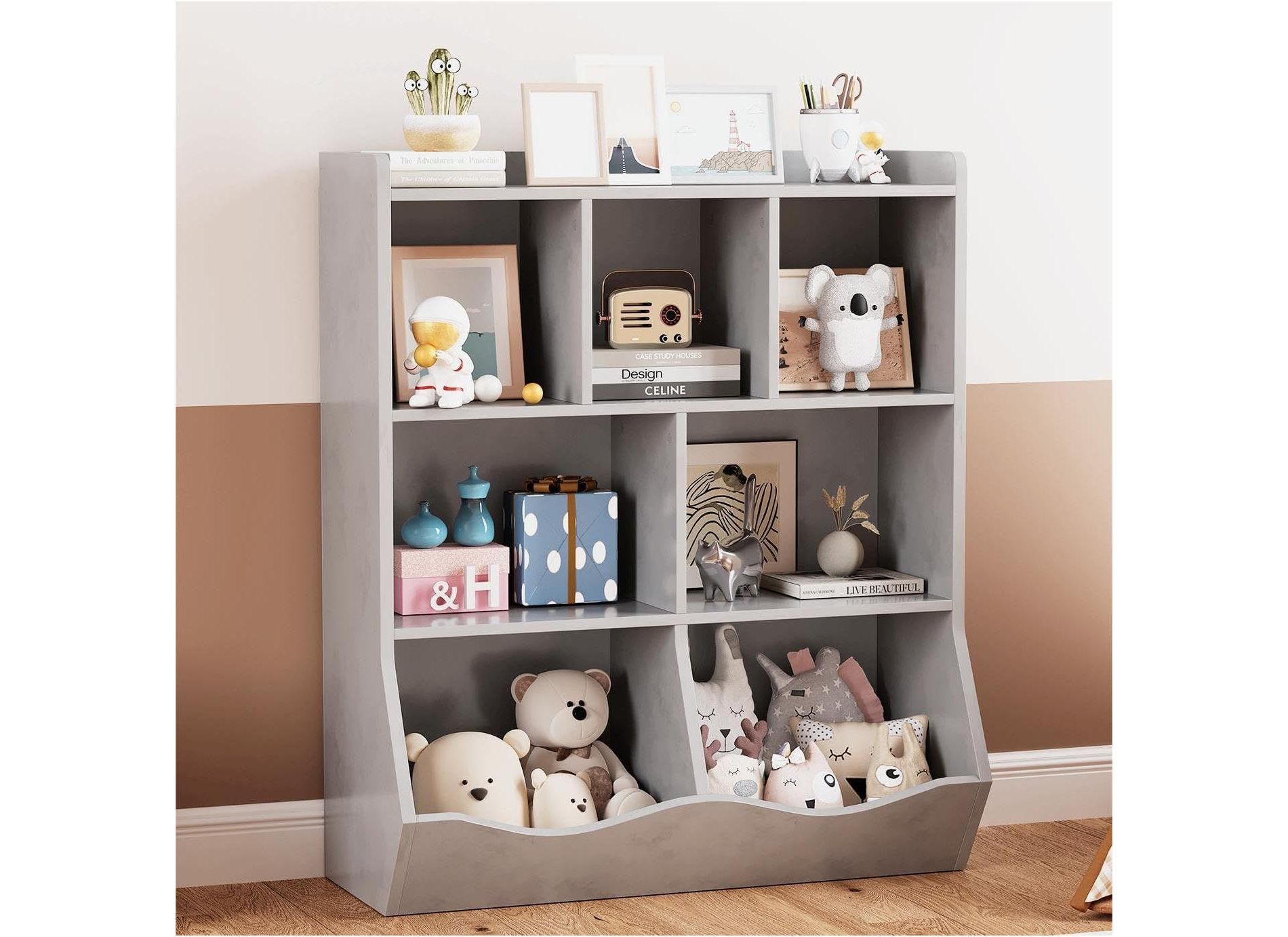 Acekool White Toy Storage Cabinet, 3-Tier Kids Bookshelf with Cubby Organizer, Open Compartments and Tilt Bins for Bedroom or Playroom