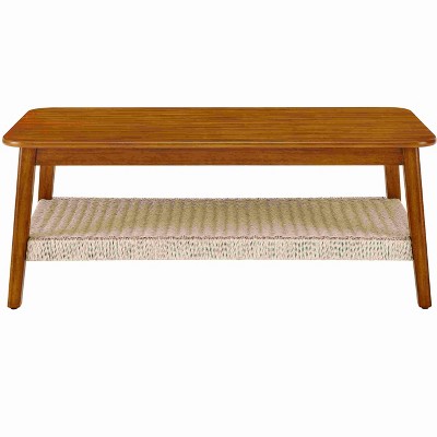 Lirago Walnut Coffee Table with Storage, Woven Rattan Shelf End Tables 17.8"H x 23"D x 47.25"W
